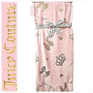 Juicy Couture Home Gold Foil Signature Logo Crown & Bows Oversized Throw Blanket